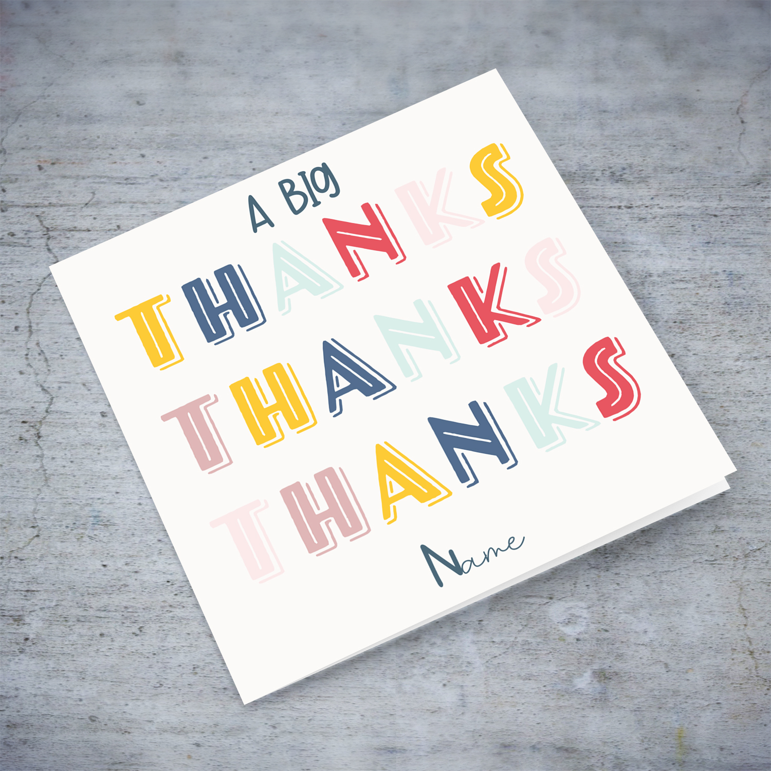 A big thanks, in colourful text in English (Personalisable)