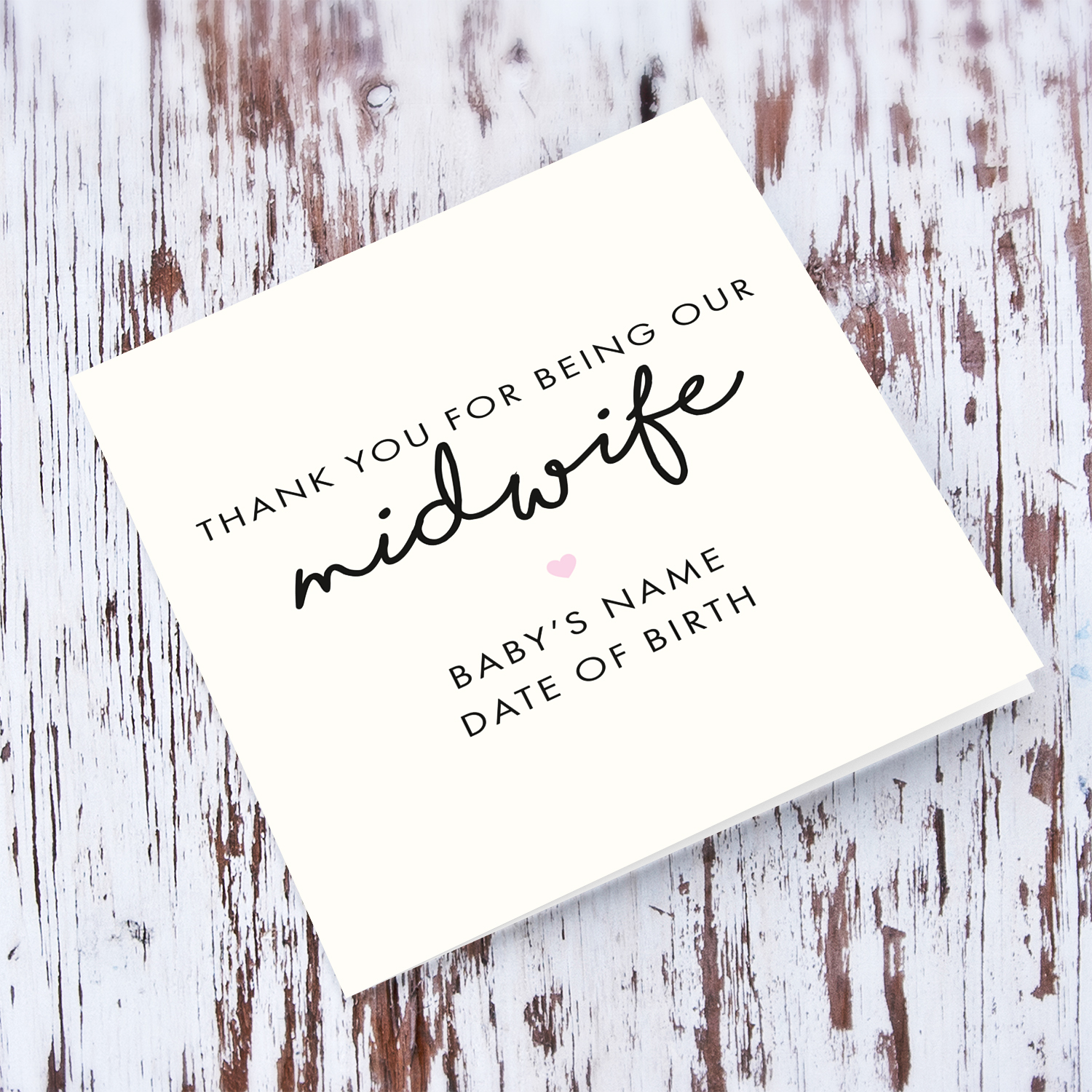 Minimalist thank you card for midwife with pink heart in English (Personalisable)