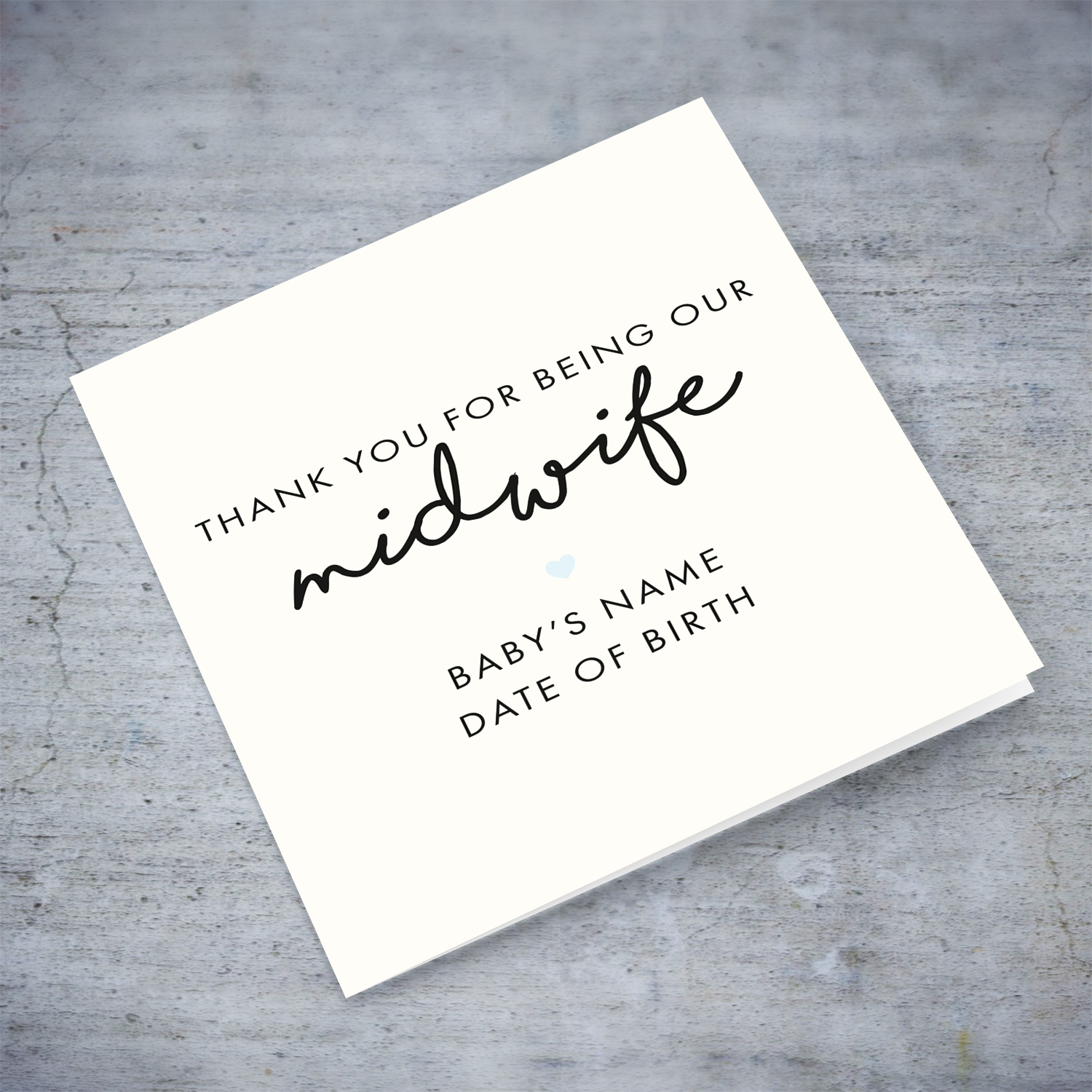 Minimalist thank you card for midwife with blue heart in English (Personalisable)