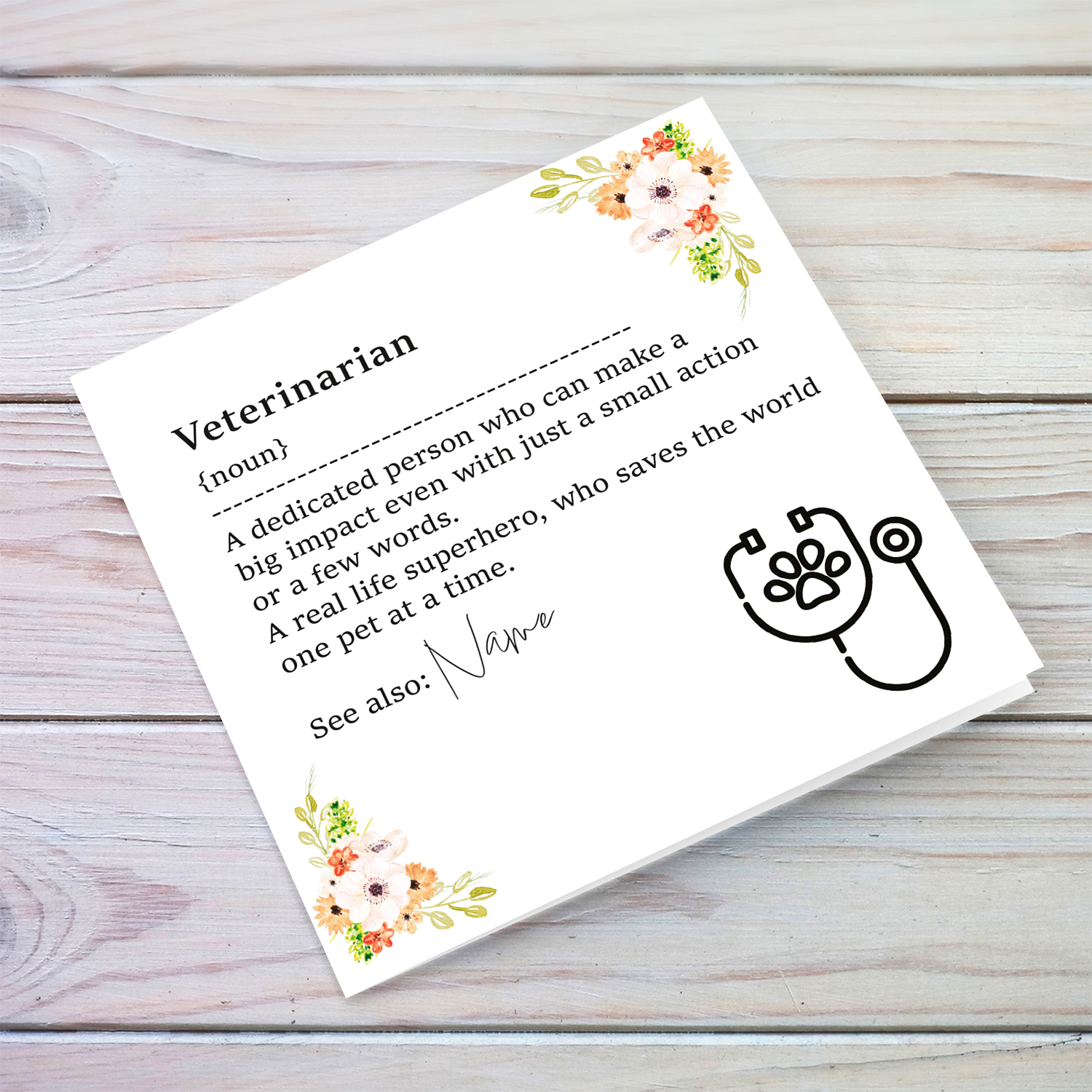 Veterinarian thank you card with stethoscope with pink florals in English
