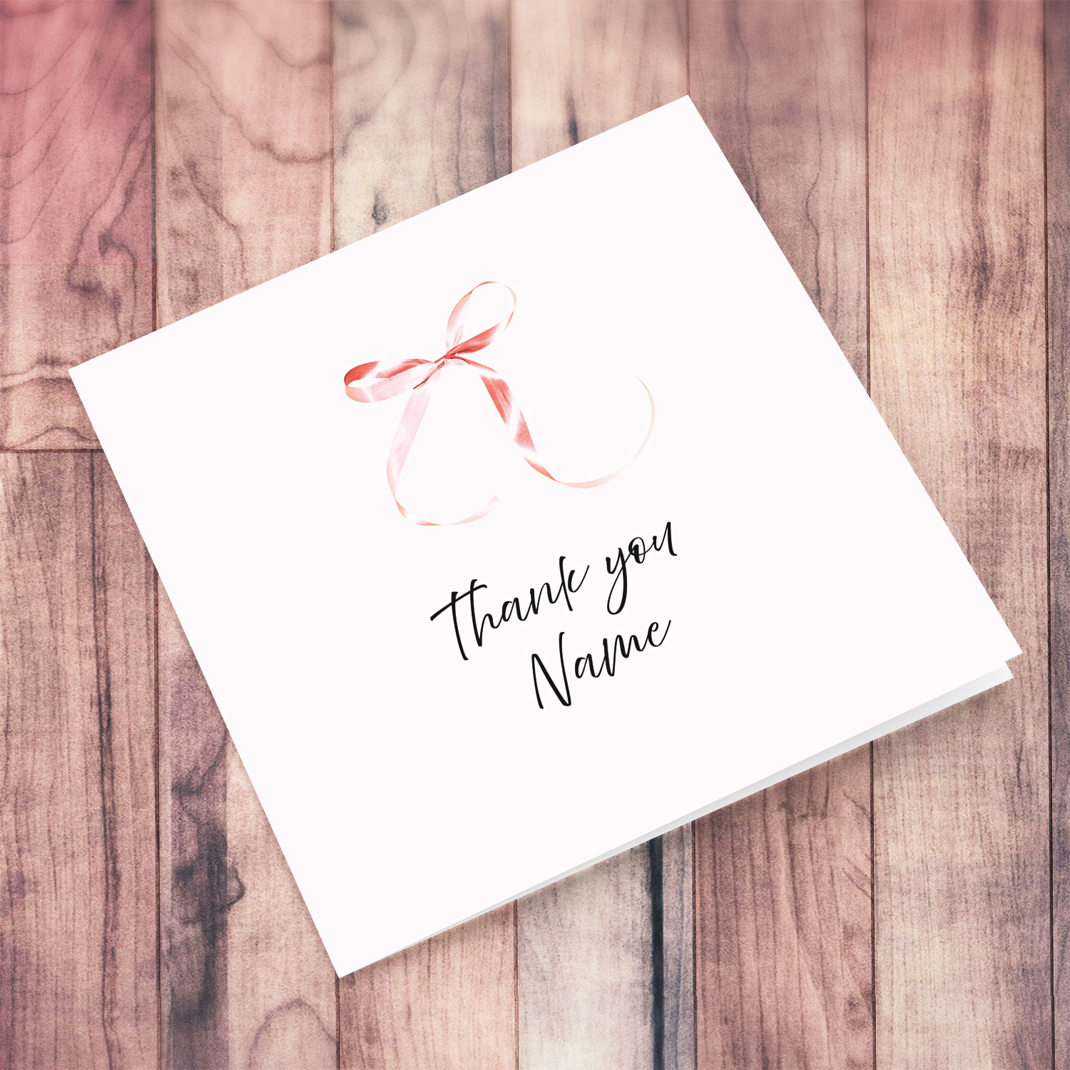Minimalist and dainty thank you card with cute pink bow and light pink background in English (Personalisable)