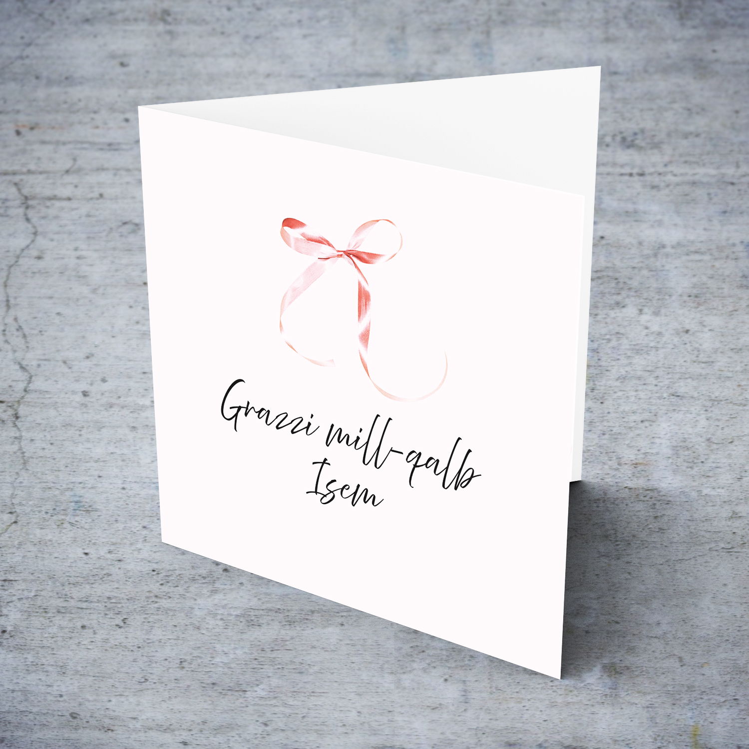 Minimalist and dainty thank you card with cute pink bow and light pink background in Maltese (Personalisable)