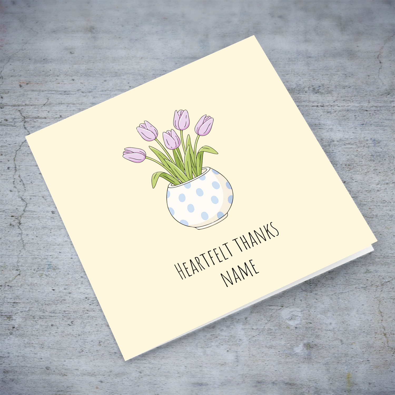 A beautiful thank you card featuring light purple tulips in spotted vase and neutral background in English (Personalisable) 