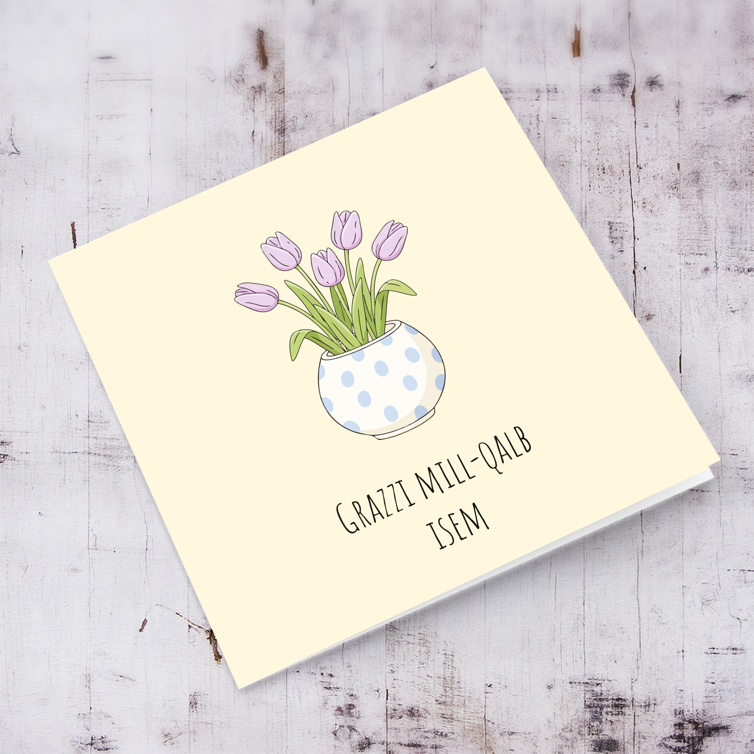 A beautiful thank you card featuring light purple tulips in spotted vase and neutral background in Maltese (Personalisable) 