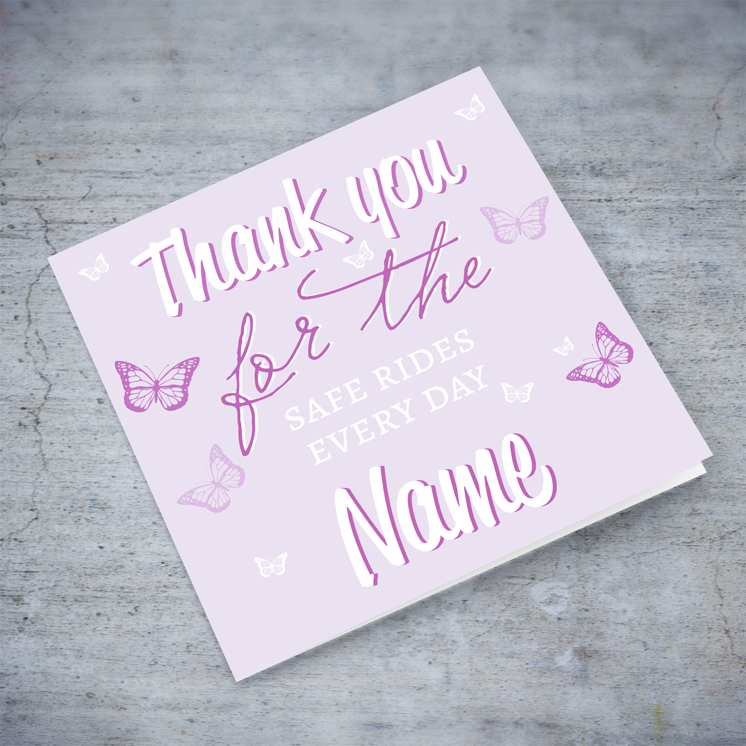 A thank you card for School Driver in light purple background and scattered butterflies in English