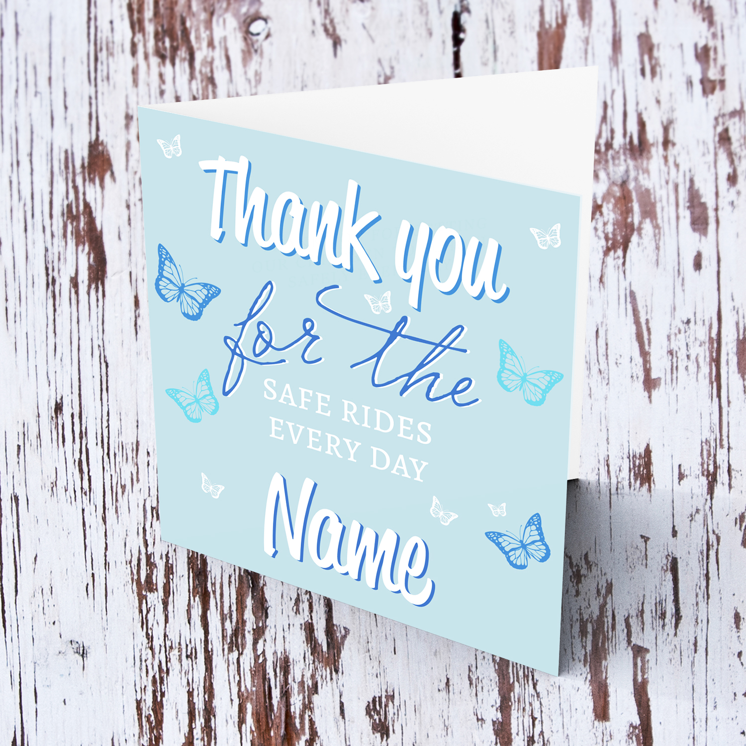 A thank you card for School Driver in light blue background and scattered butterflies in English