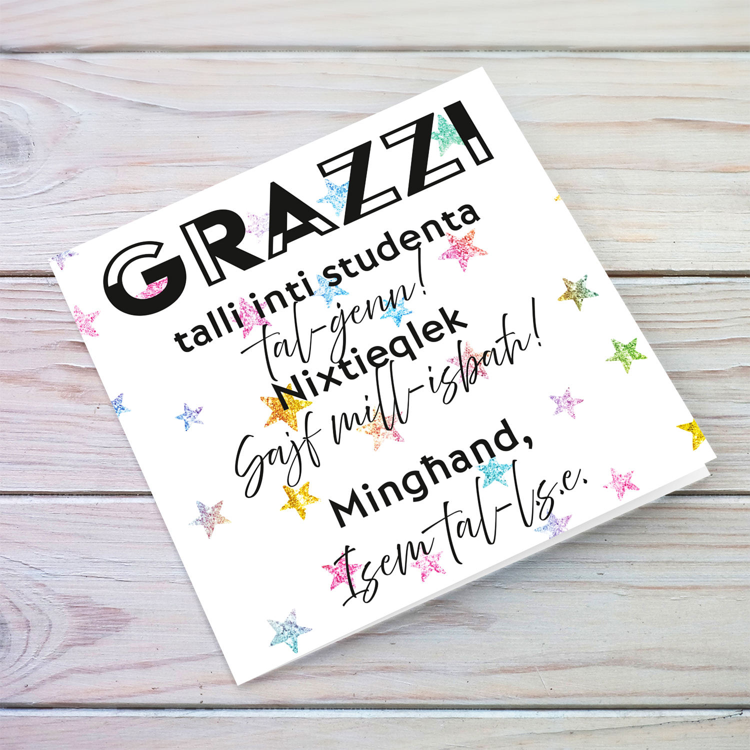 A special card from L.S.E. to student in a colourful star background in Maltese (Personalisable)