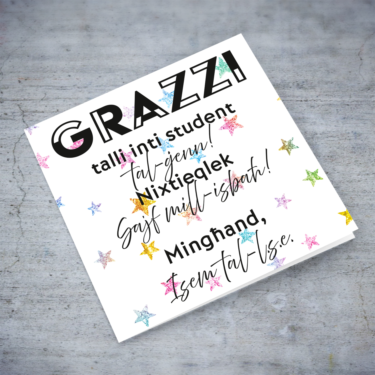 A special card from L.S.E. to student (MALE) in a colourful star background in Maltese (Personalisable)