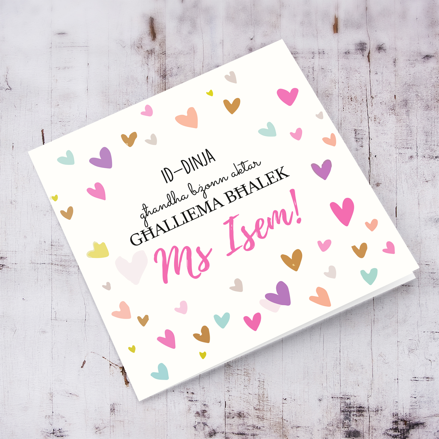 Colourful scattered heart thank you card for teacher (personalisable) in Maltese 