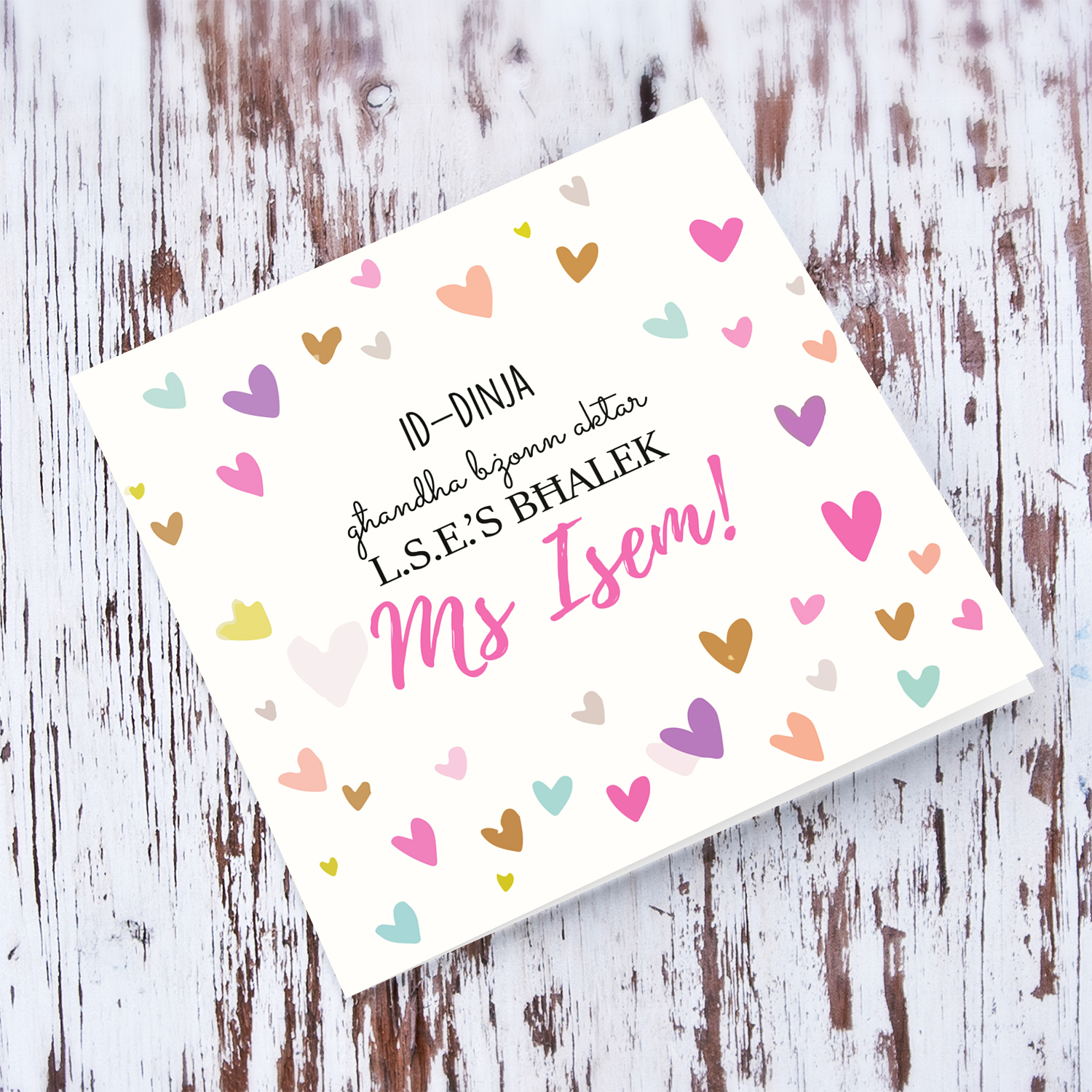 Colourful scattered heart thank you card for LSE (personalisable) in Maltese 