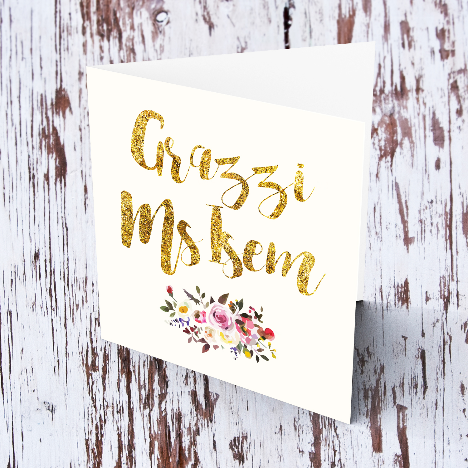 Golden glitter thank you card with flowers in Maltese (Personalisable)