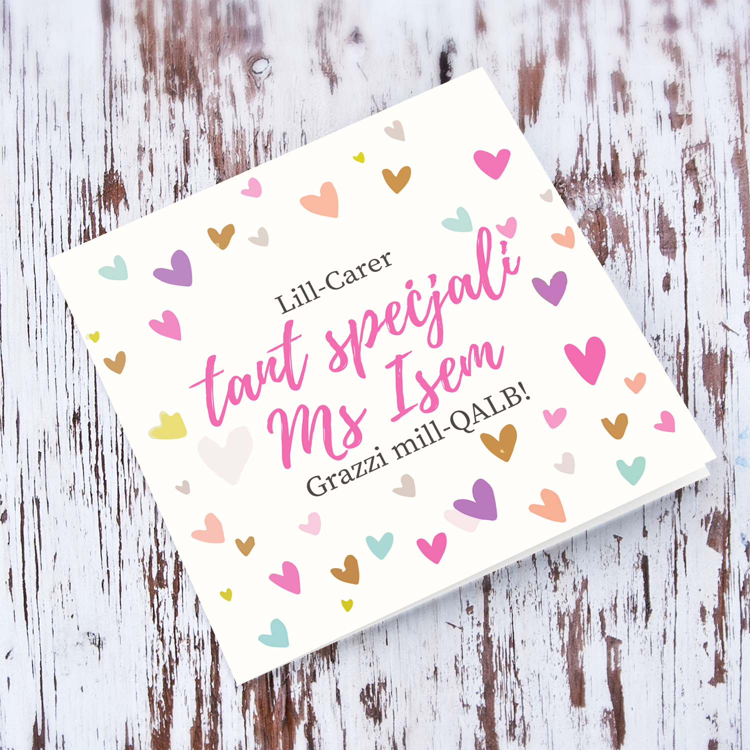 Colourful scattered heart thank you card for CARER (personalisable) in Maltese 