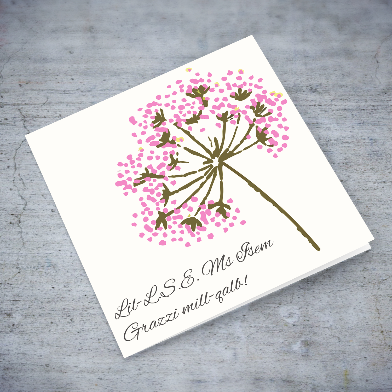 Pink flower personalisable thank you card for LSE in Maltese