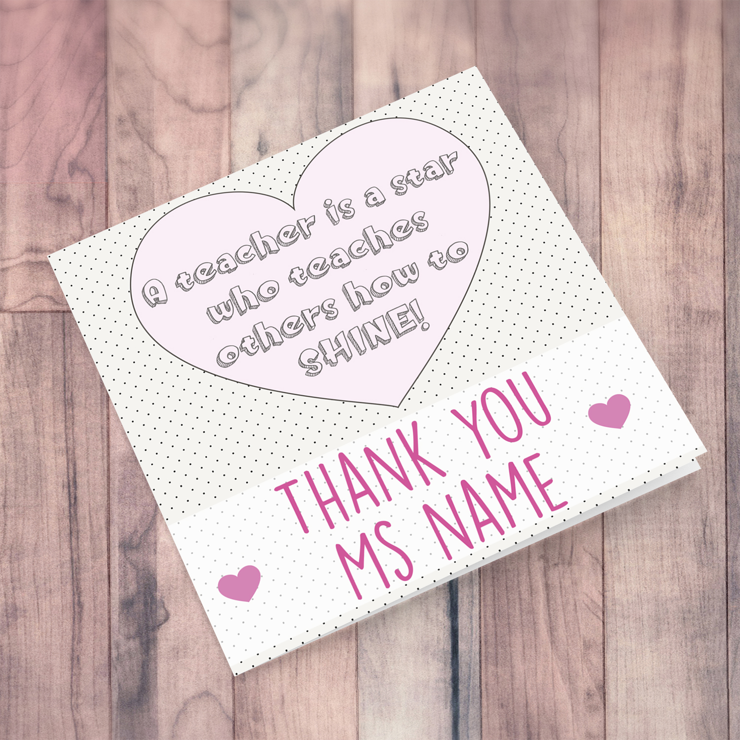 Heart themed personalisable thank you card for teacher in English