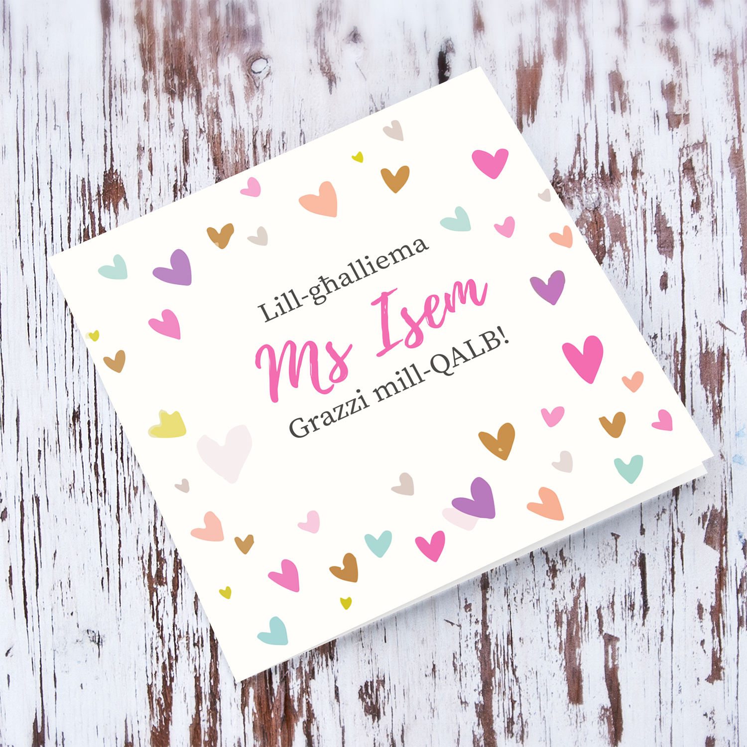 Colourful scattered heart thank you card for teacher in Maltese  (personalisable)