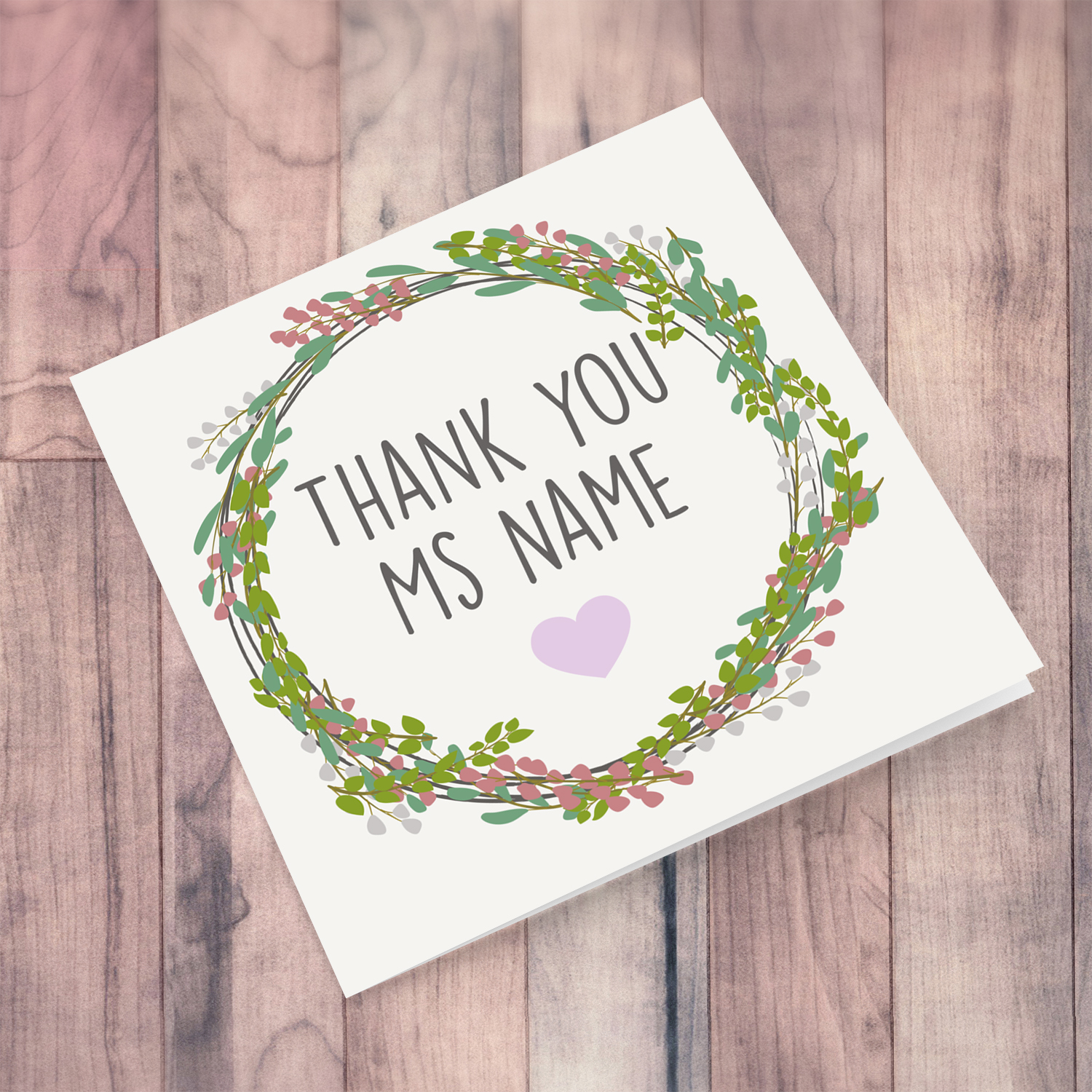 Wreath themed thank you card for teacher/lse/carer etc. in English with purple heart (personalisbale)