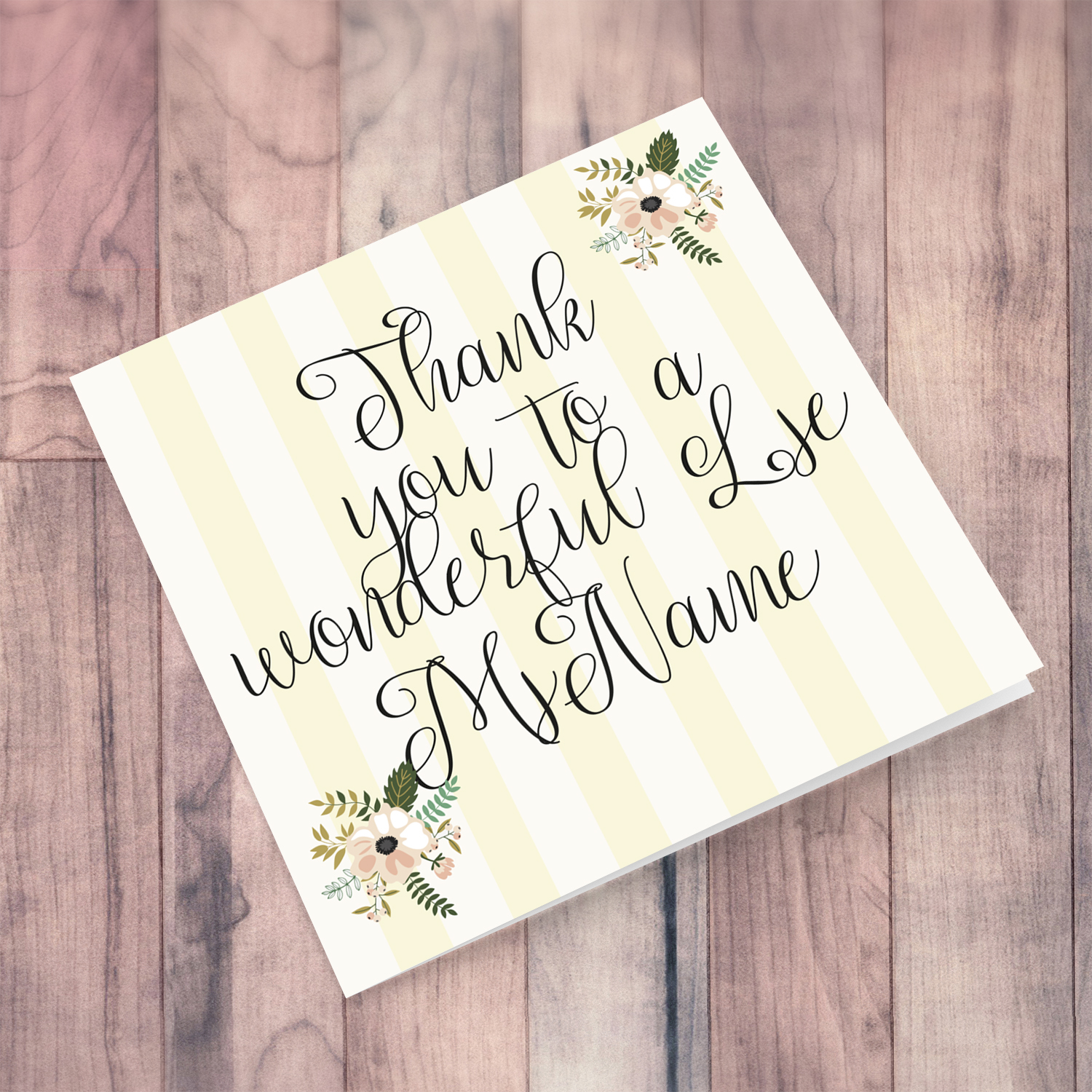Elegant thank you card with striped pastel yellow background with florals for LSE in English (personalisable)