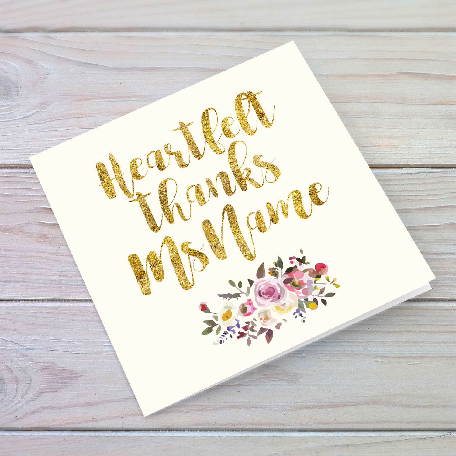Golden glitter thank you card for teacher / LSE / carer / head of school / Assistant Head with flowers in English