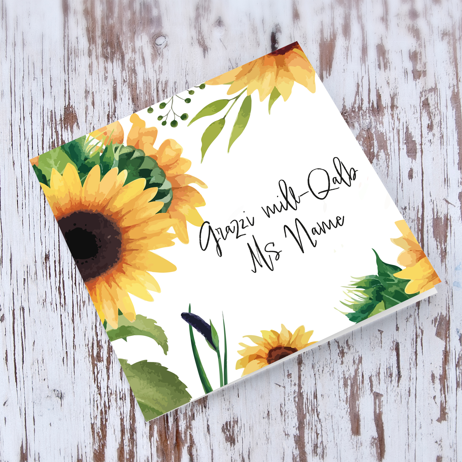 Sunflower themed personalisable thank you card for teacher / carer / lse / head of school / assistant head in Maltese