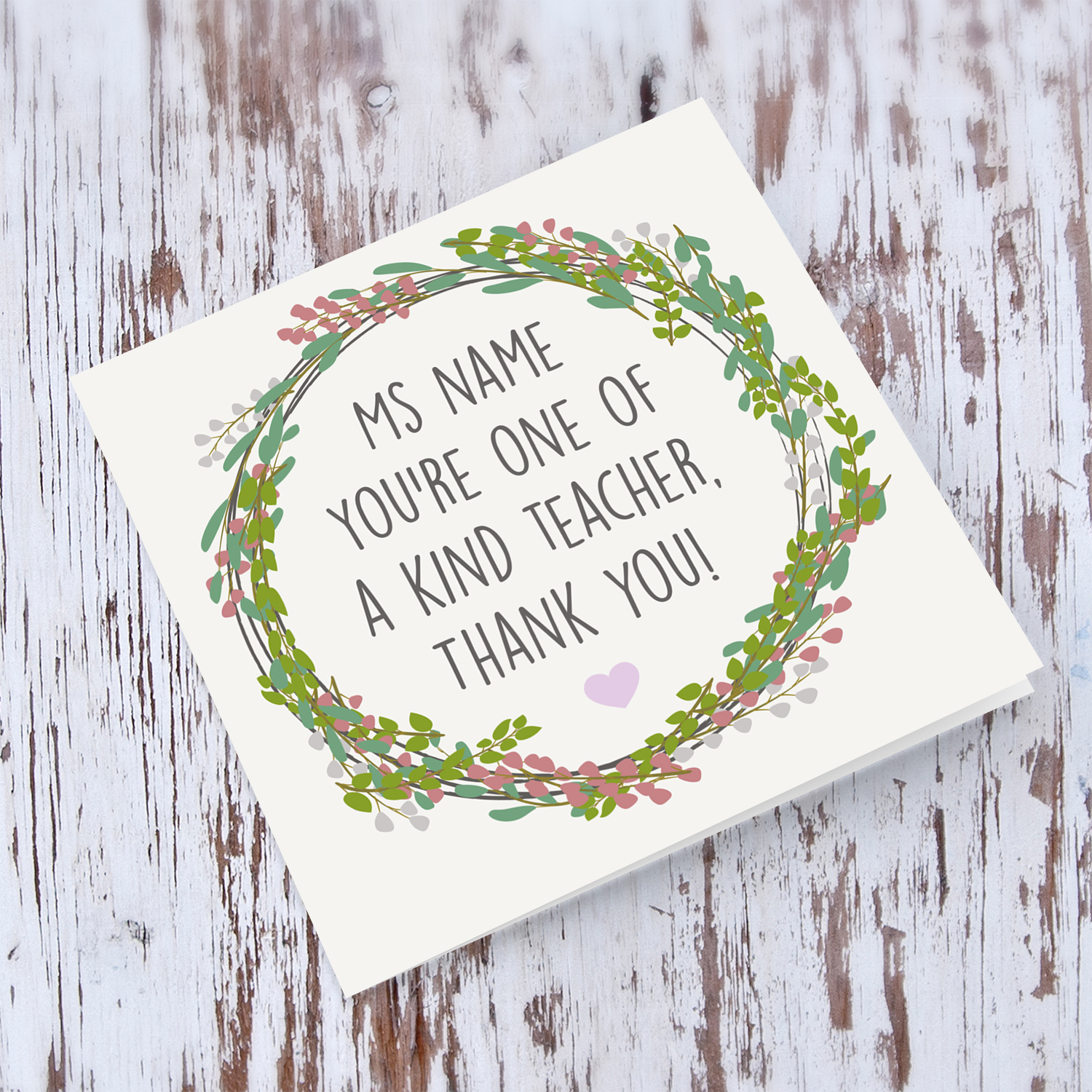 Wreath themed thank you card for teacher in English with purple heart (Personalisable)
