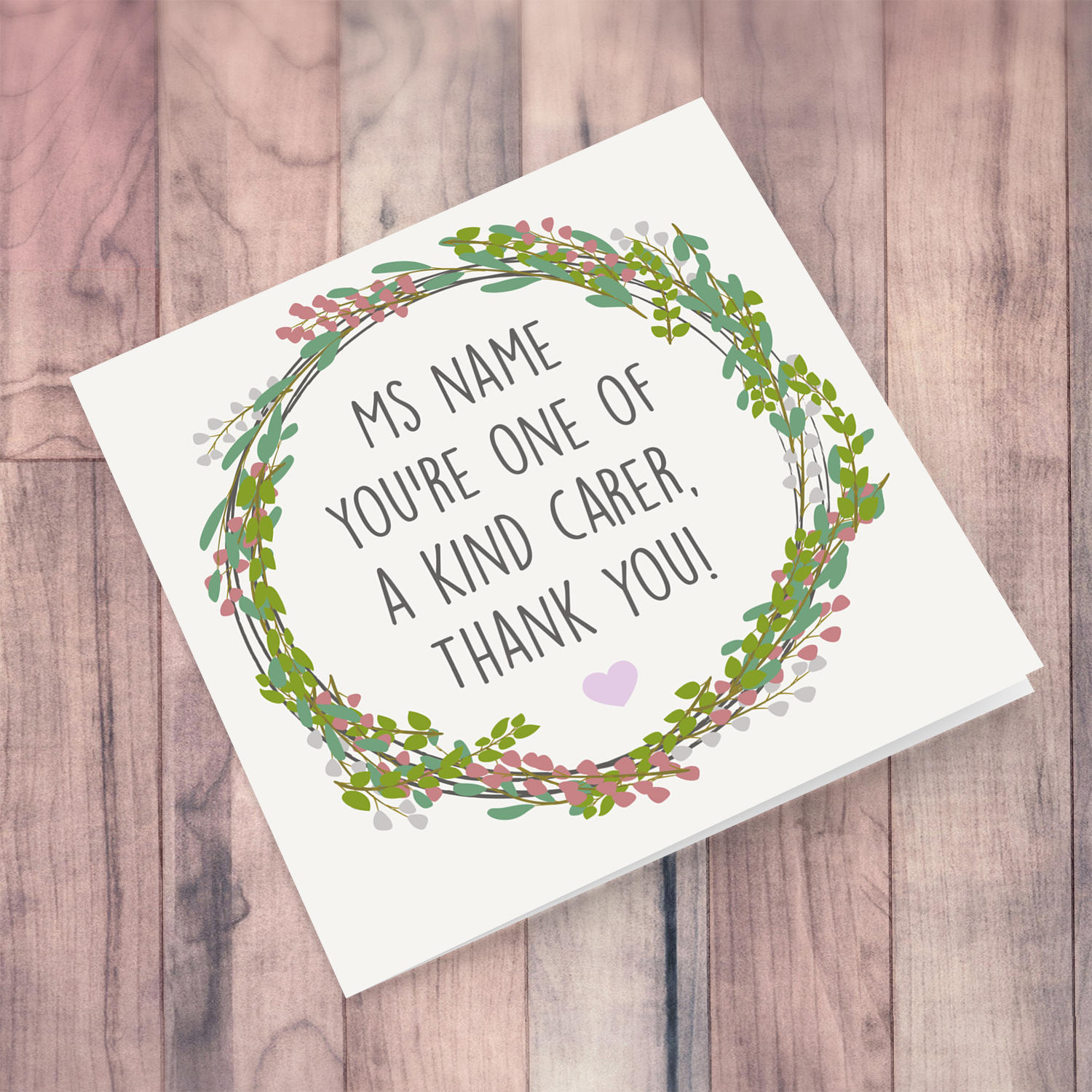 Wreath themed thank you card for carer in English with purple heart (Personalisable)