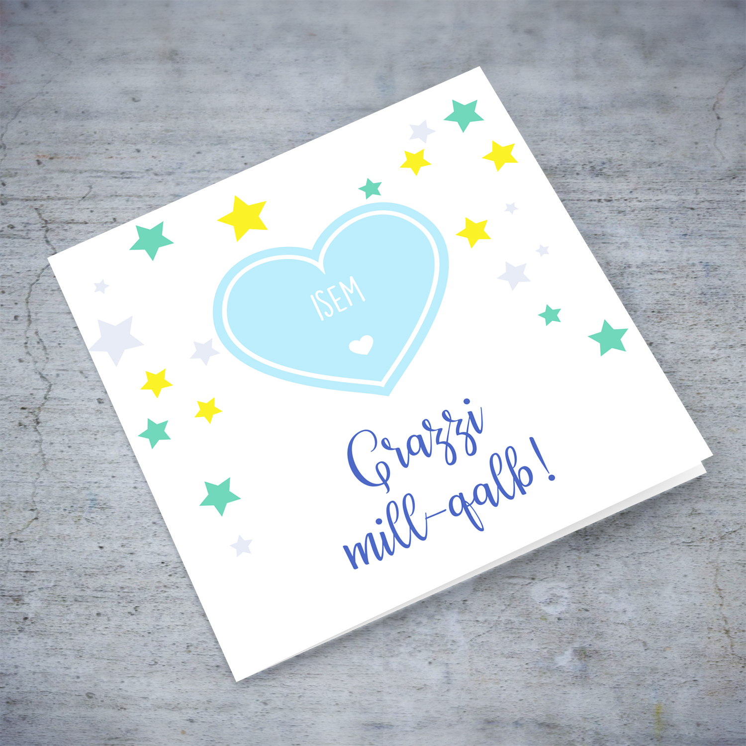 Light blue heart and scattered stars personalisable thank you card in Maltese