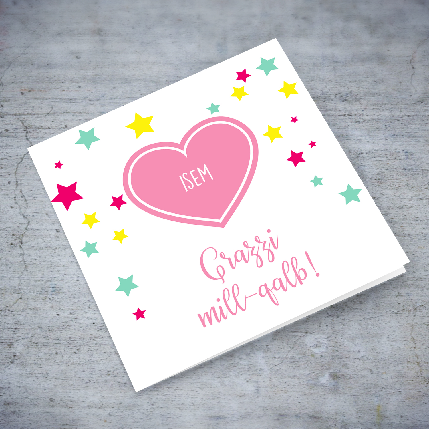 Pink heart and scattered colourful stars thank you card in Maltese (Personalisable)