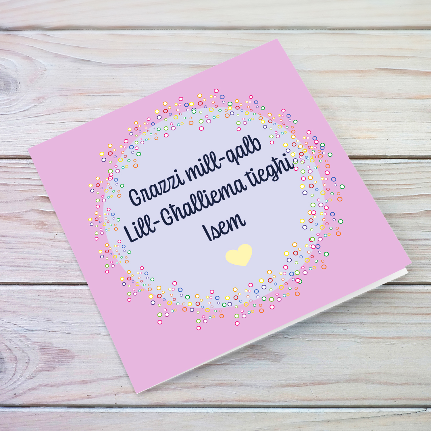 Thank you card for Teacher with pink background and purple circle in Maltese (Personalisable)