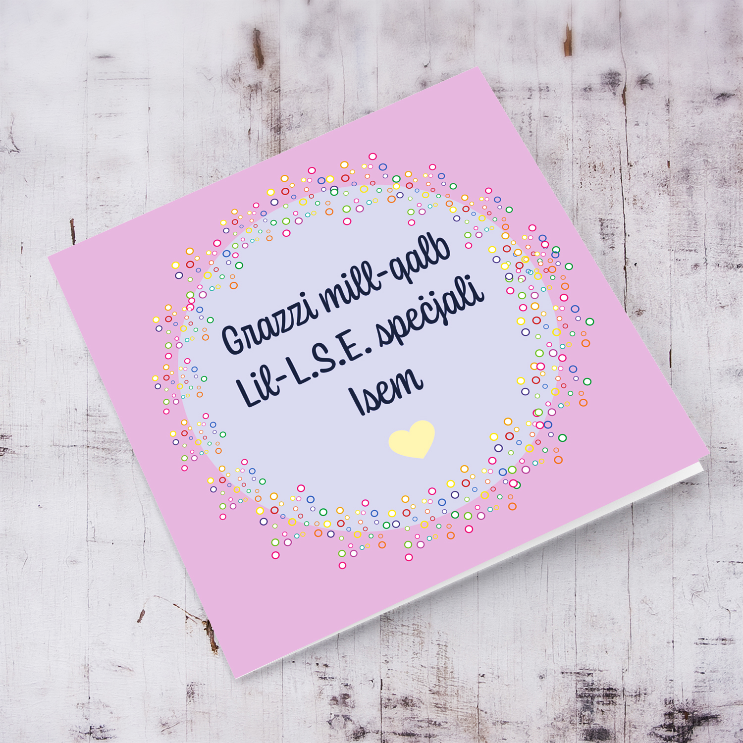Thank you card for LSE with pink background and purple circle in Maltese