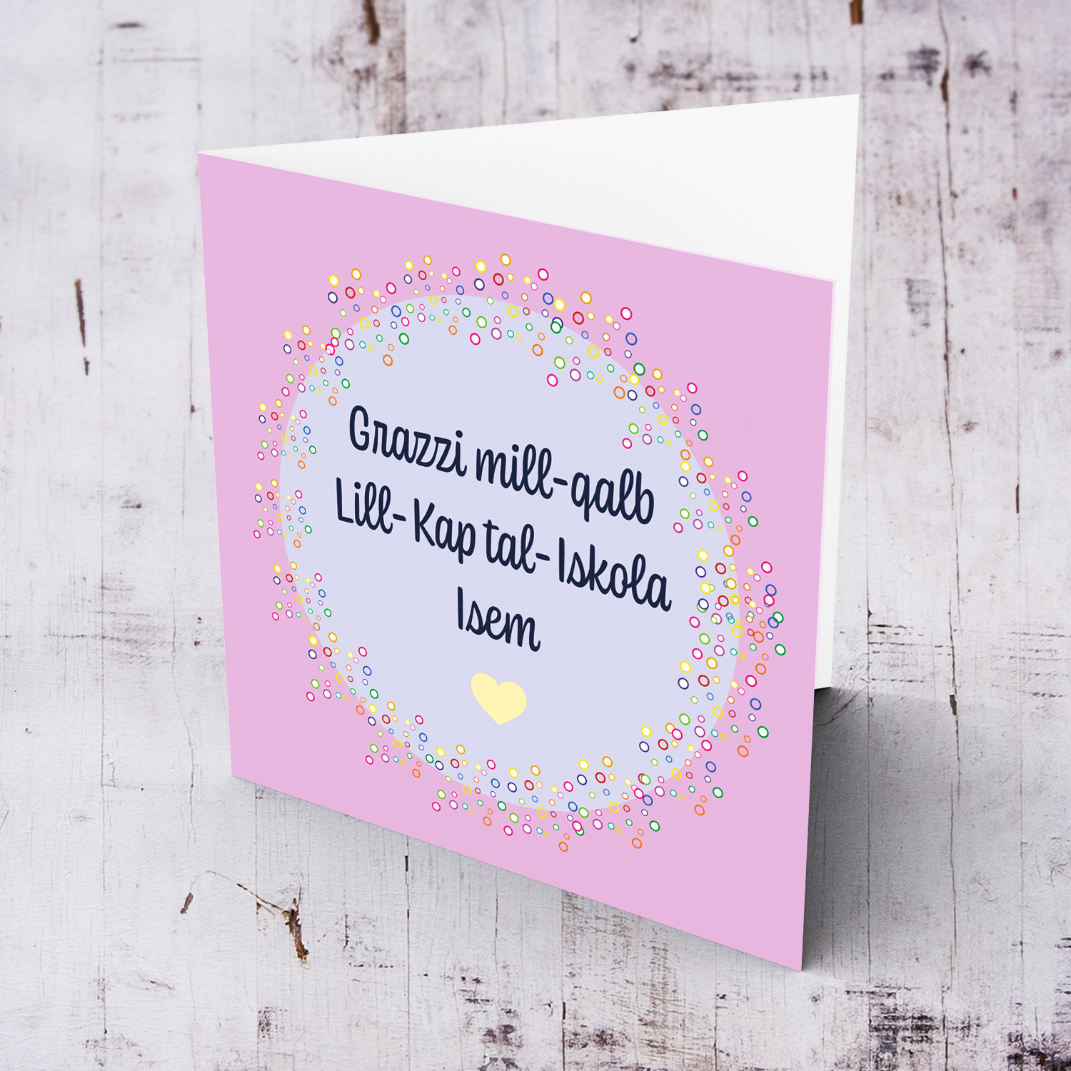 Thank you card for Head of School with pink background and purple circle in Maltese