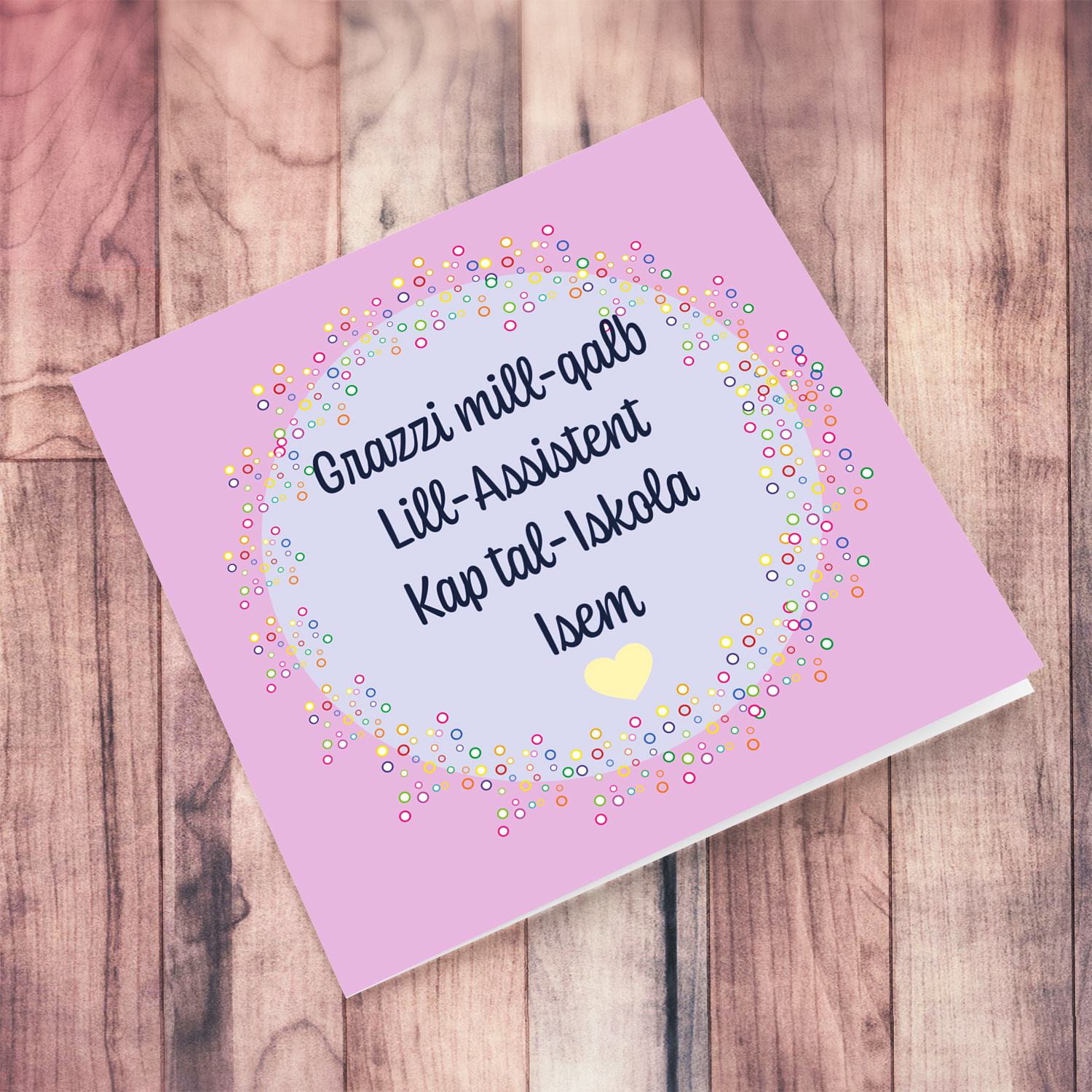 Thank you card for Assistant Head with pink background and purple circle in Maltese (Personalisable)