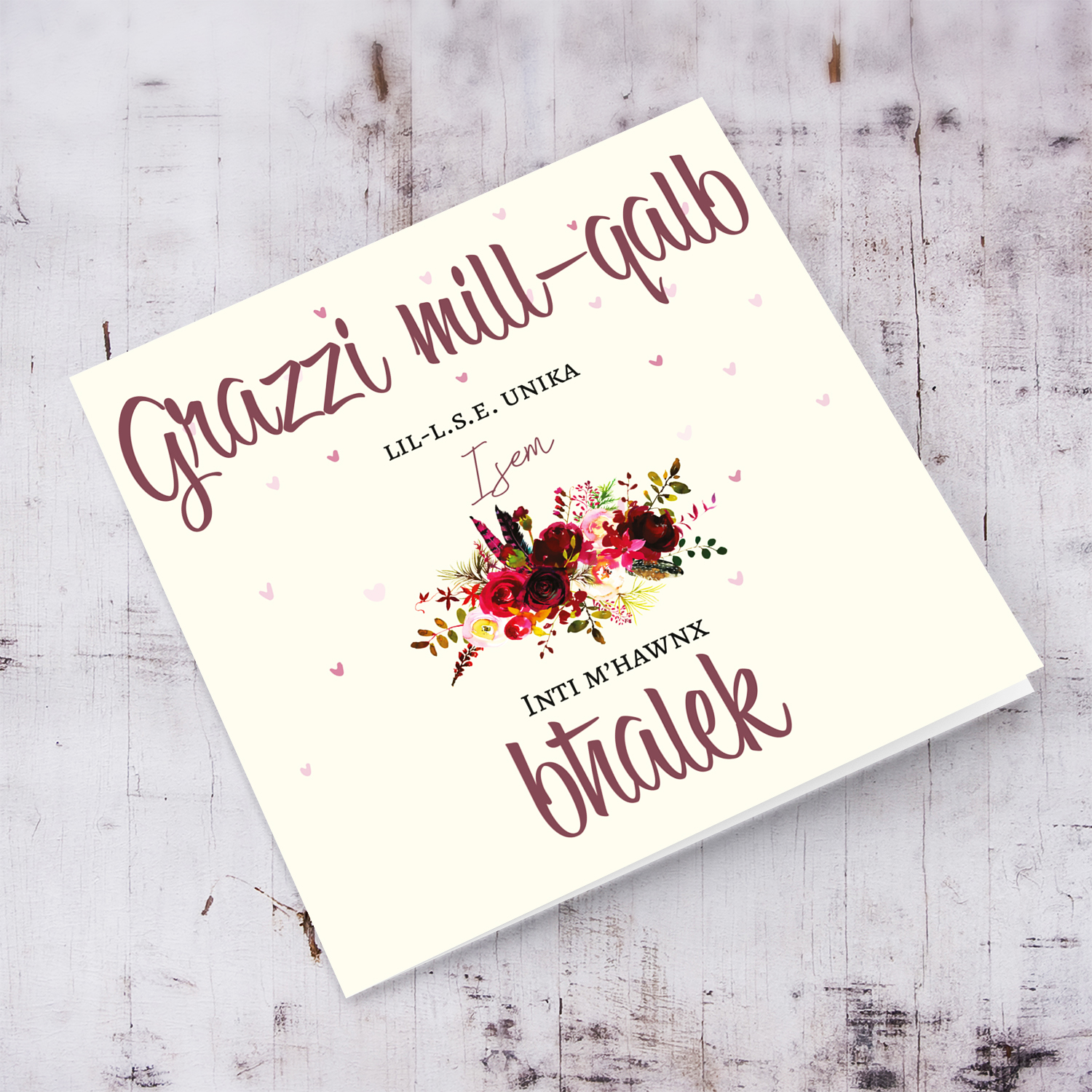 A thank you card for a unique LSE with red florals in Maltese (Personalisable)