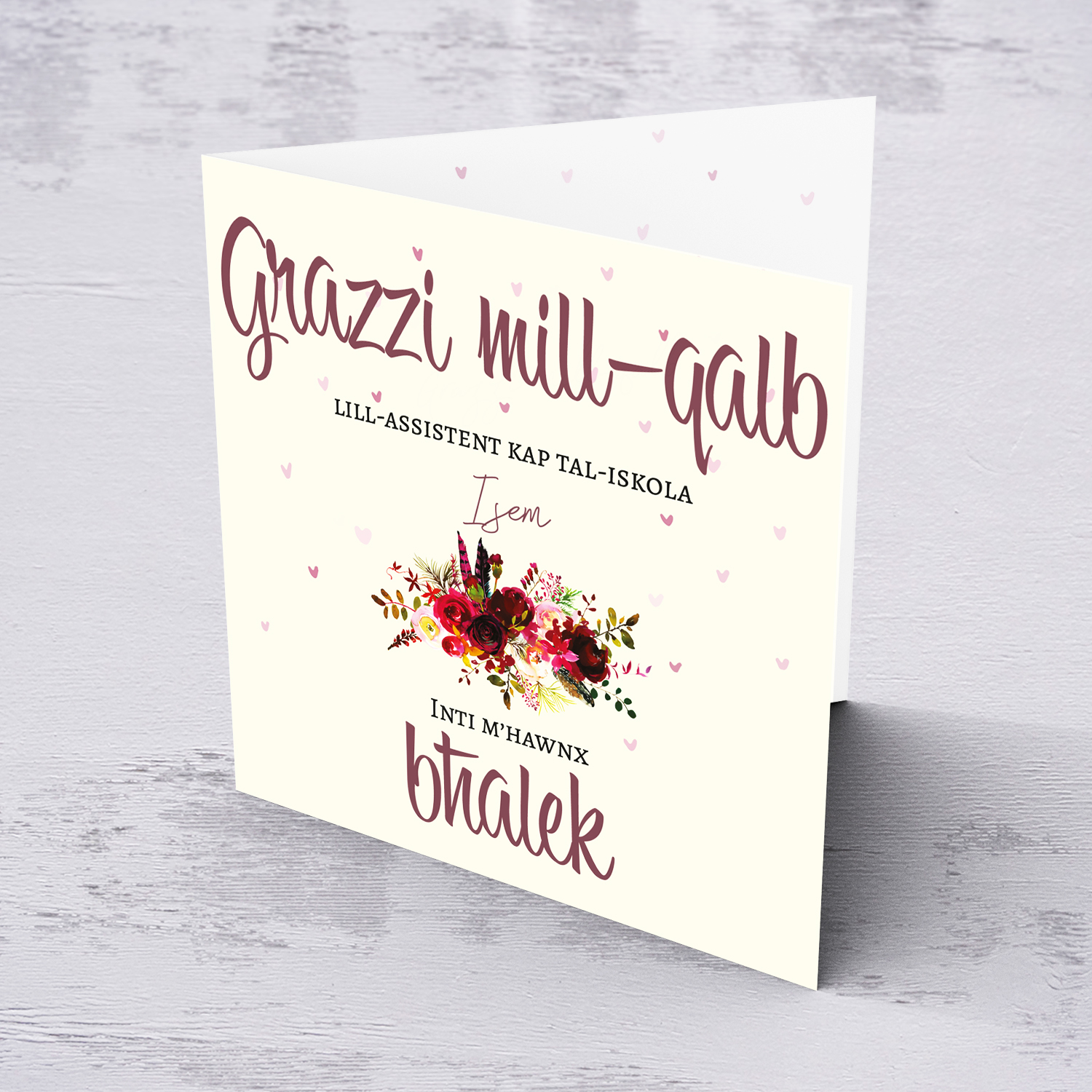 A thank you card for a assistant head with red florals in Maltese (Personalisable)