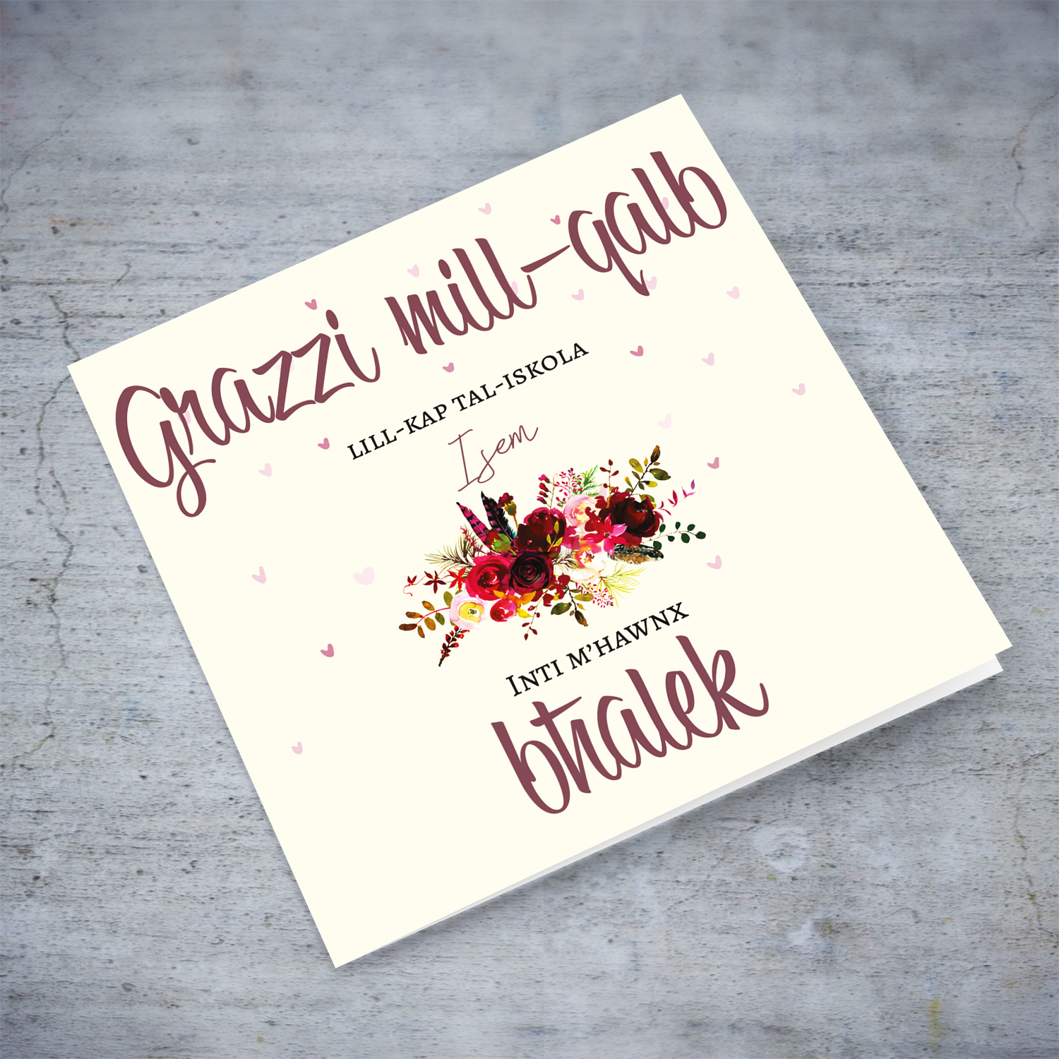 A thank you card for head of school with red florals in Maltese (Personalisable)