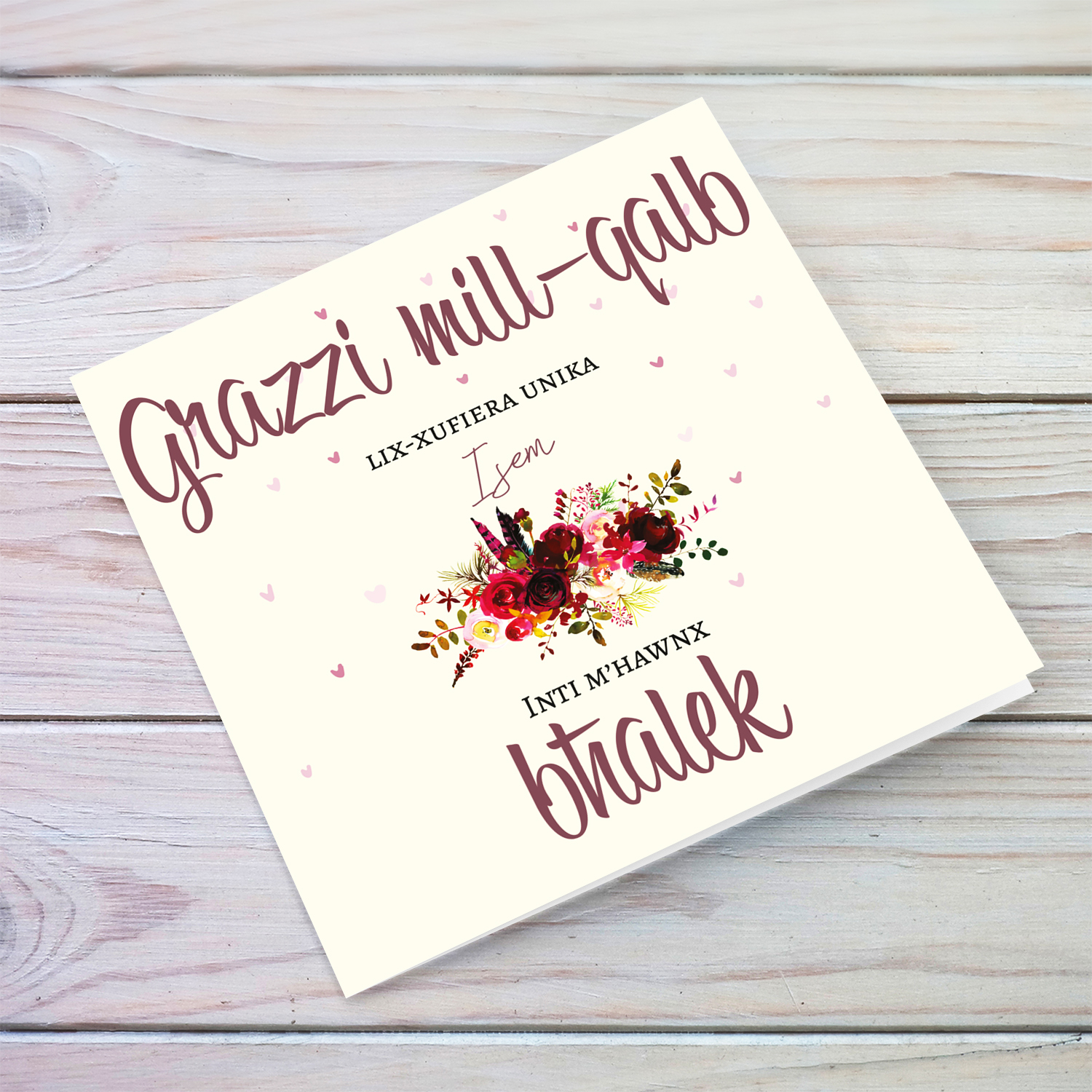 A thank you card for a unique driver with red florals in Maltese (Personalisable)
