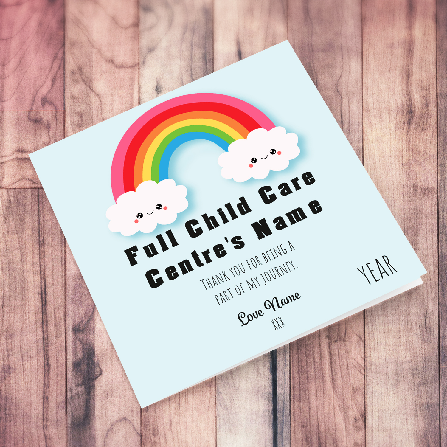 Child care Centre unisex thank you card with cute rainbow in English (Personalisable)