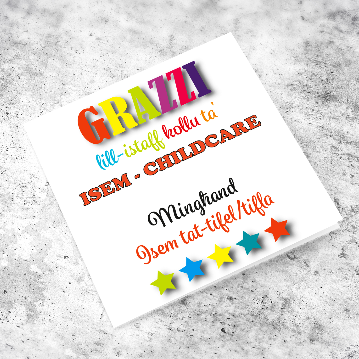 Child care colourful thank you card in Maltese (Personalisable)