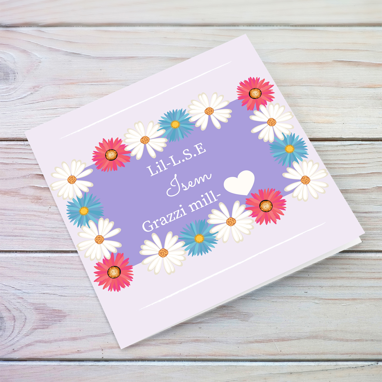 Colourful flowery thank you card for L.S.E. in Maltese