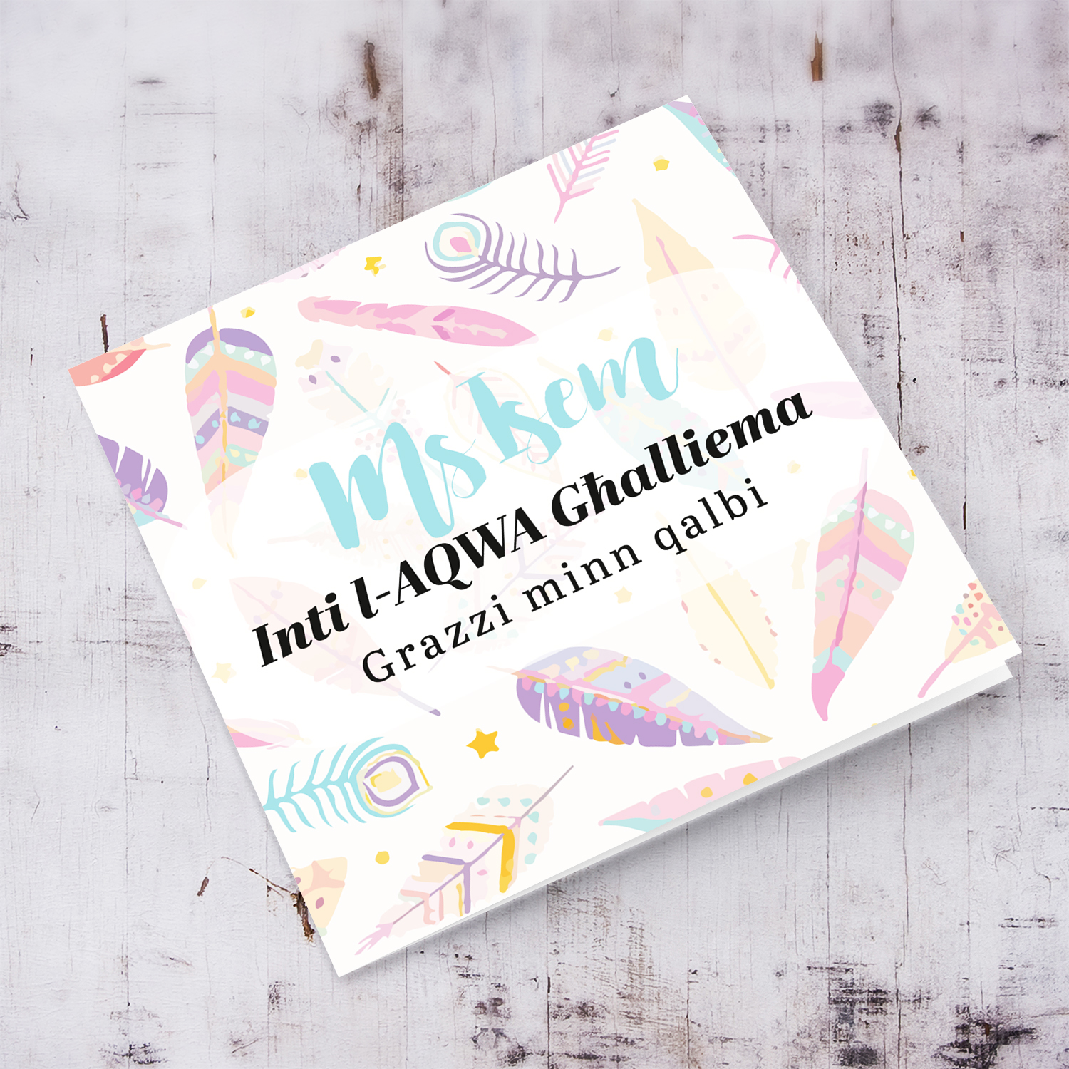 Pink feathered themed thank you card for Teacher in Maltese (Personalisable)