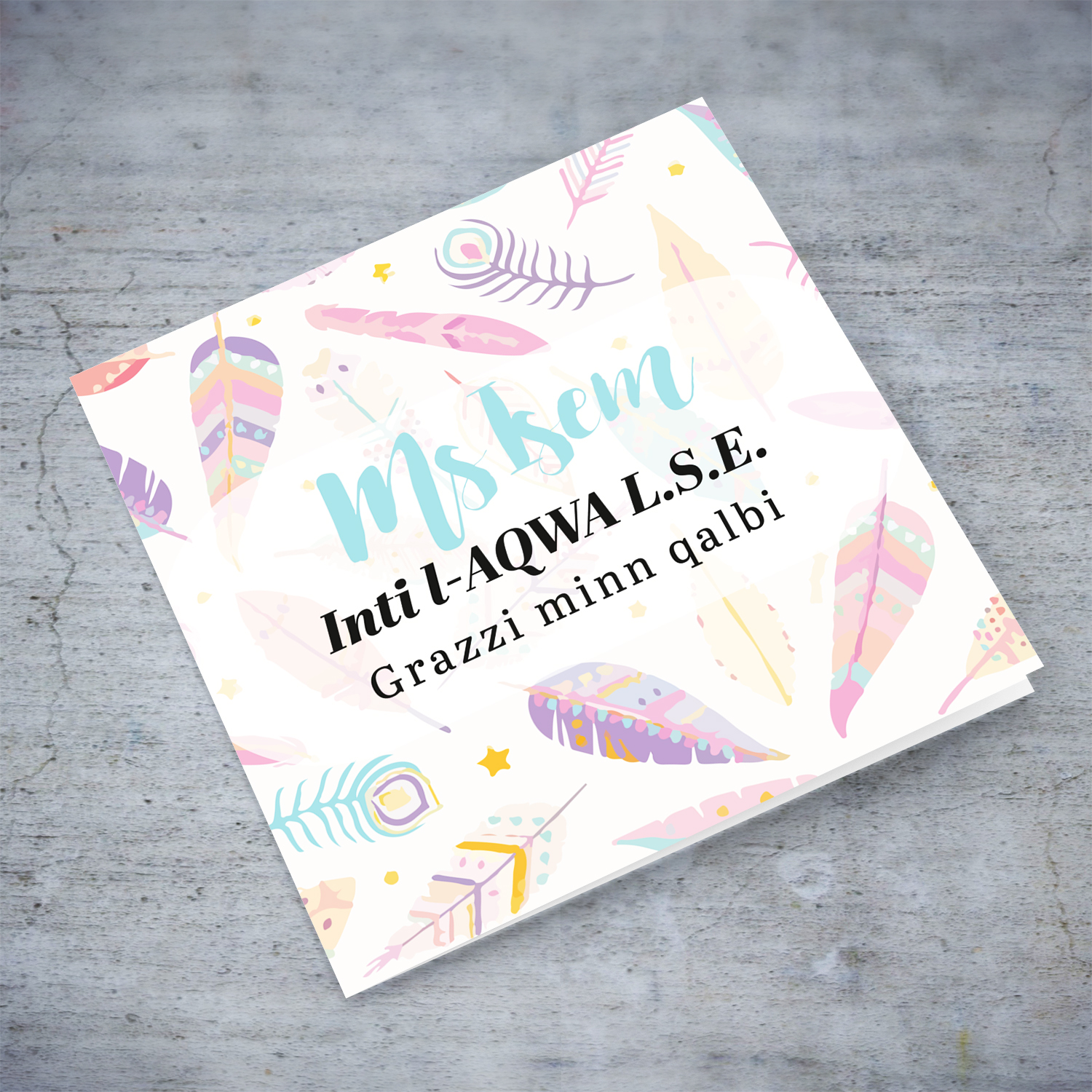 Pink feathered themed thank you card for L.S.E in Maltese (Personalisable)