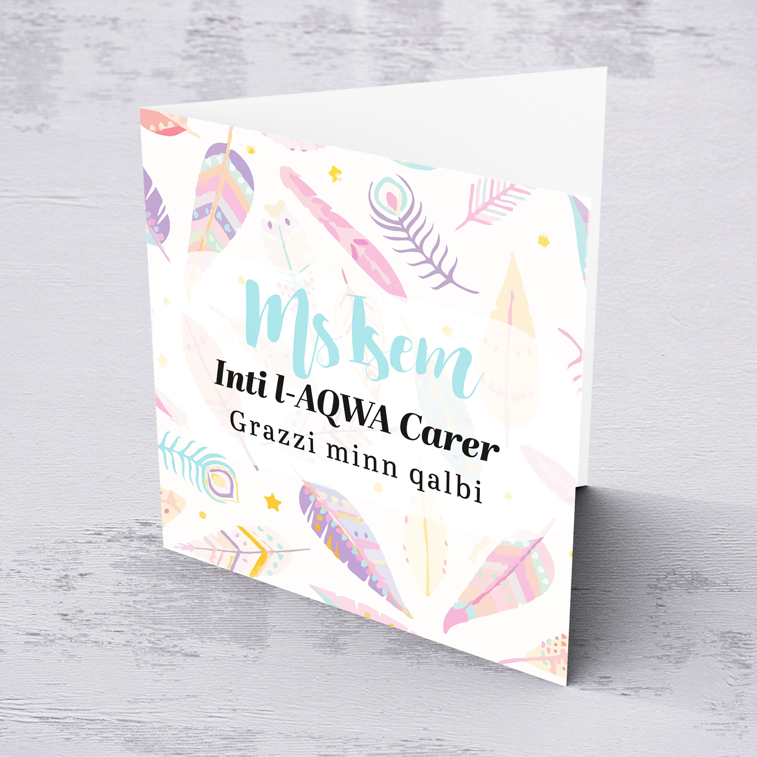 Pink feathered themed thank you card for Carer in Maltese (Personalisable)