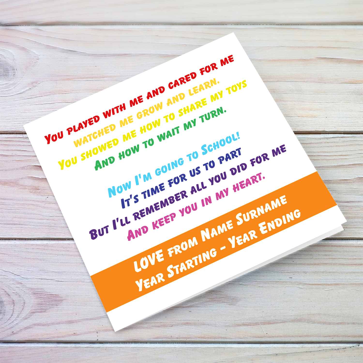 A colourful Thank you card for Carer / Child Care with a special message in English (Personalisable)