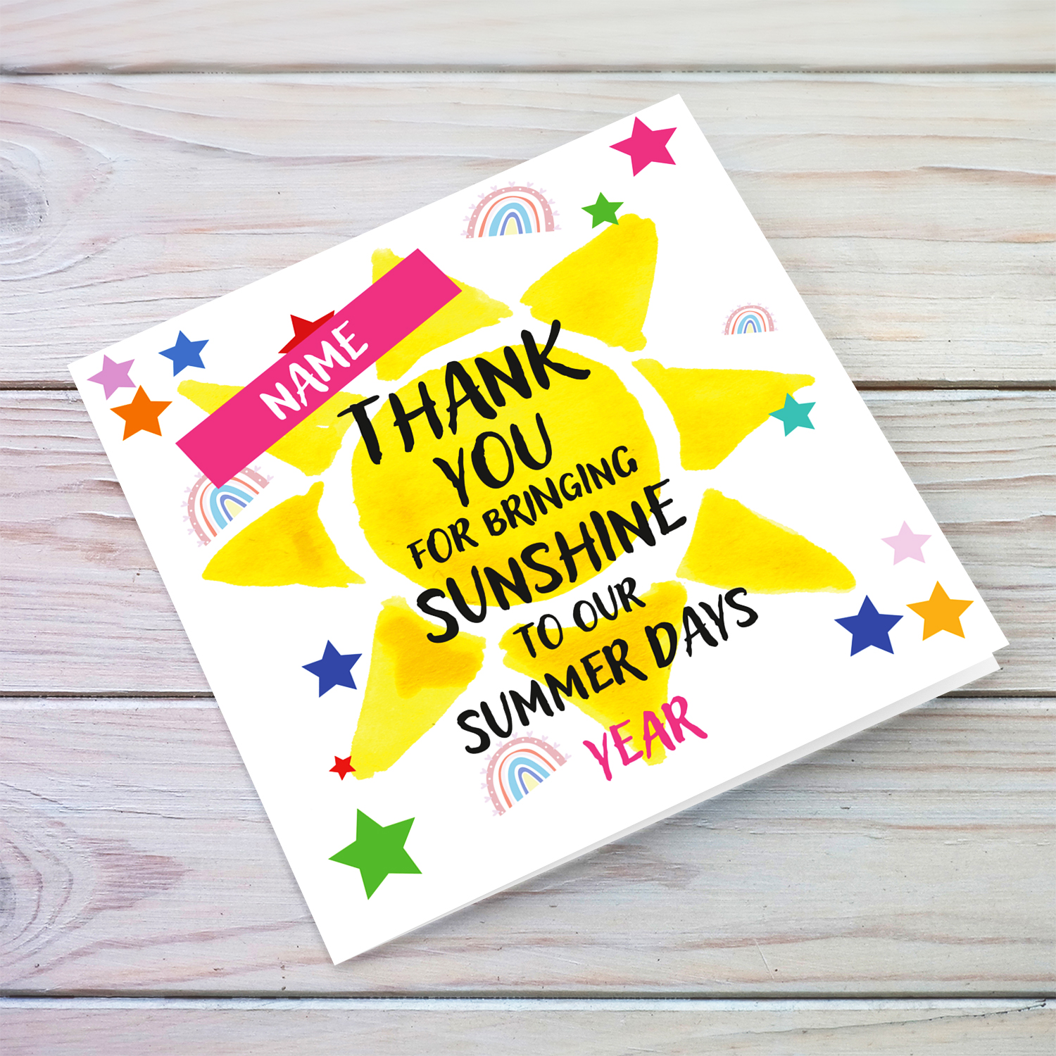 Colourful thank you card for Summer School Teachers with pink touches in colourful text in English (Personalisable)