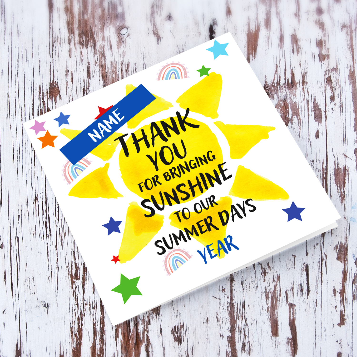 Colourful thank you card for Summer School Teachers with blue touches in colourful text in English (Personalisable)