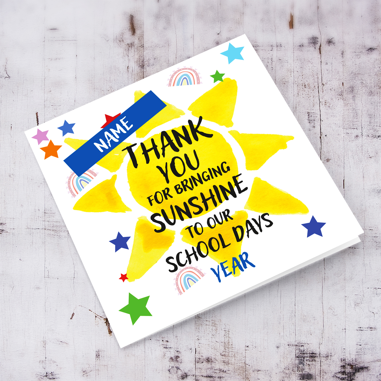 Colourful thank you card for School Teachers  with blue touches in colourful text in English (Personalisable)