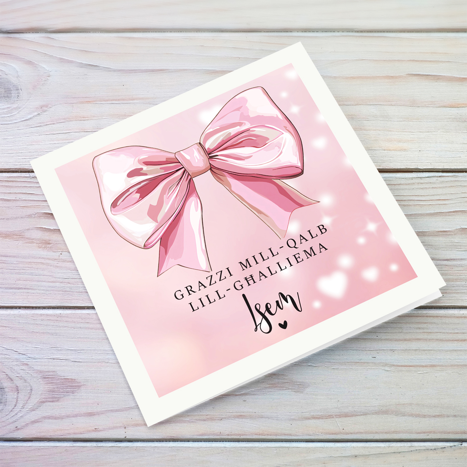 A cute thank you card with a big pink bow for teacher in Maltese (Personalisable)
