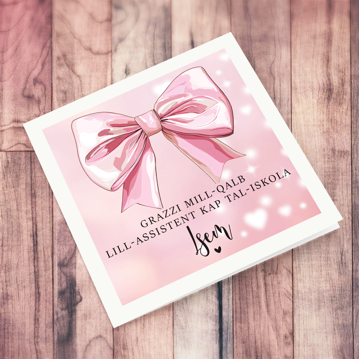 A cute thank you card with a big pink bow for Assistant Head of School in Maltese (Personalisable)
