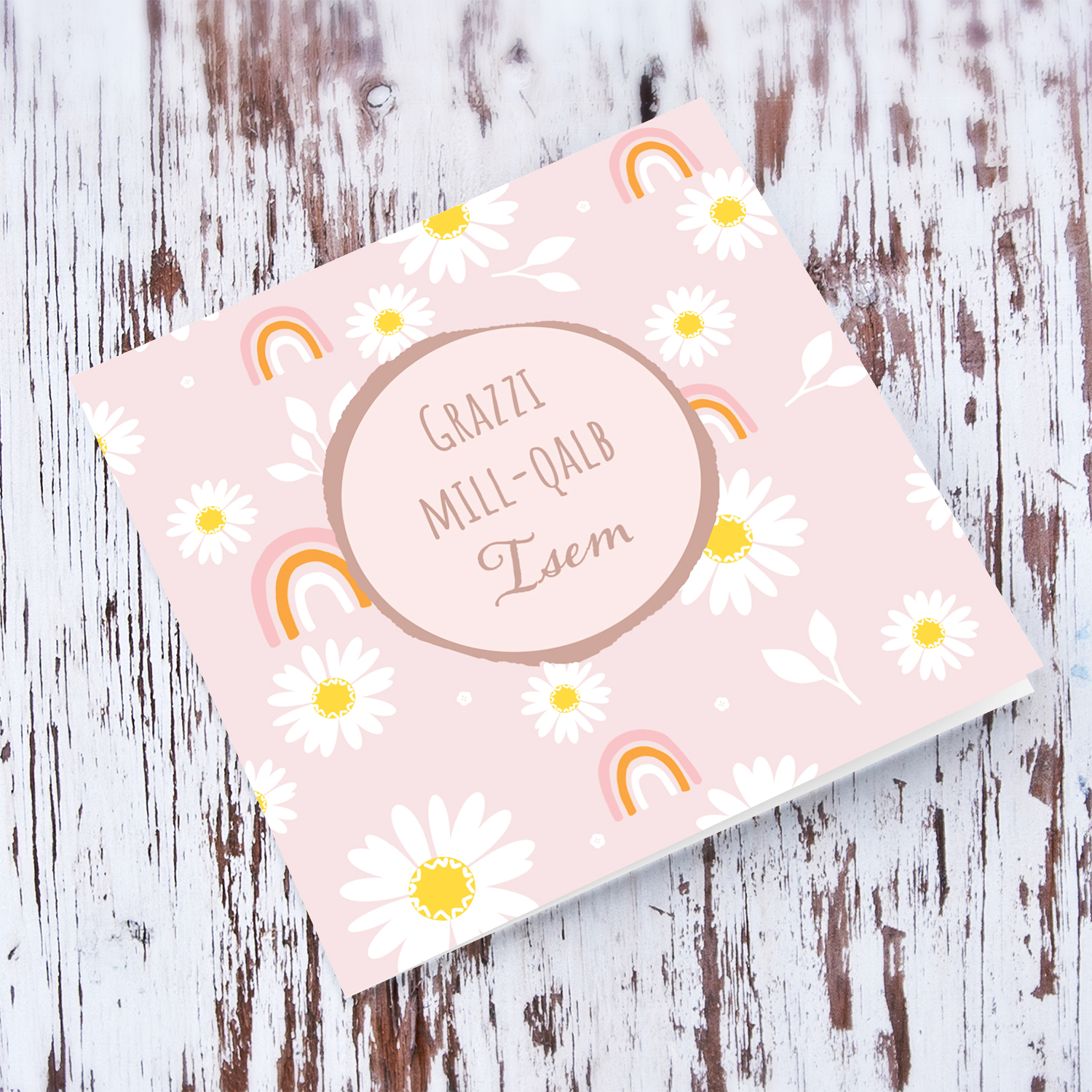 A beautiful thank you card with white flowers and rainbows in Maltese (Personalisable)