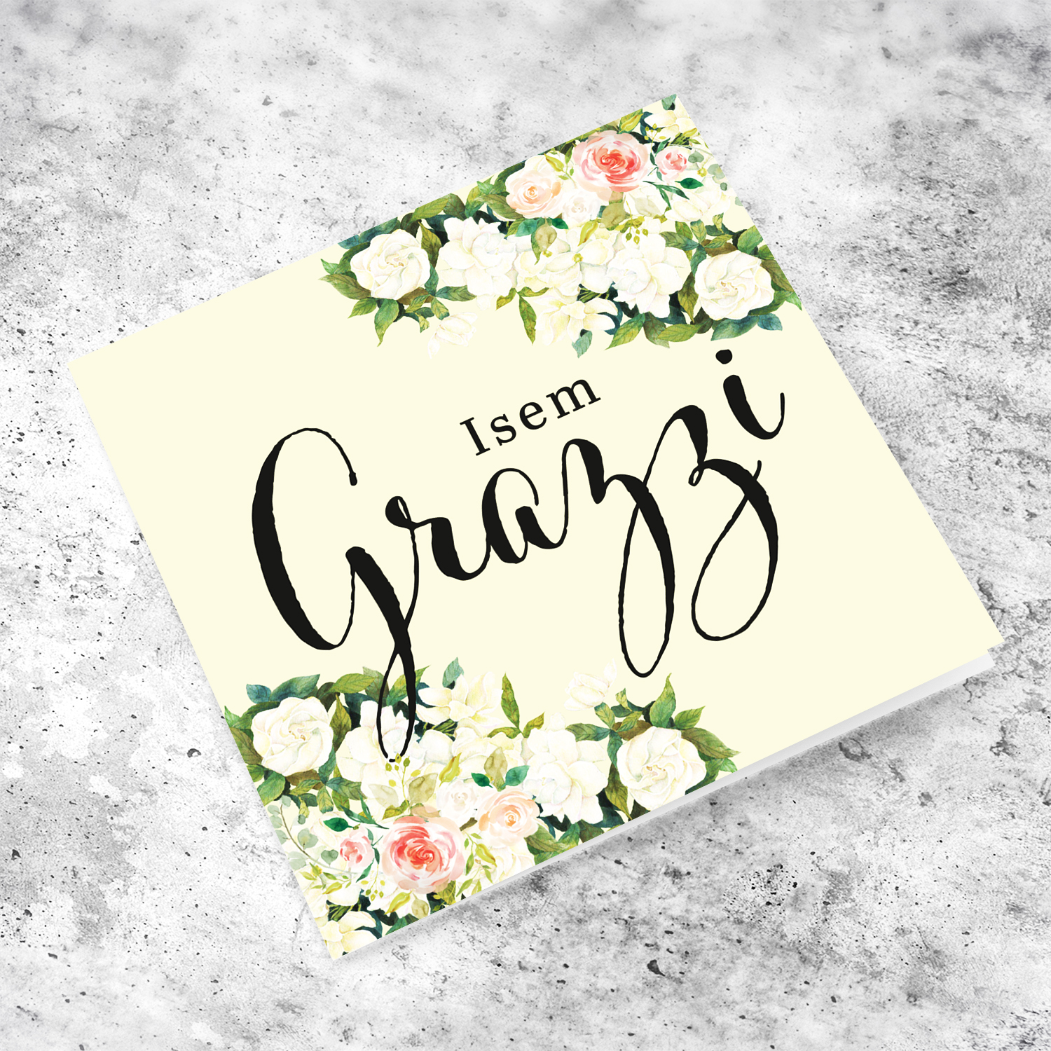 A thank you card  in cream background and white/pink coloured flowers in Maltese (Personalisable)