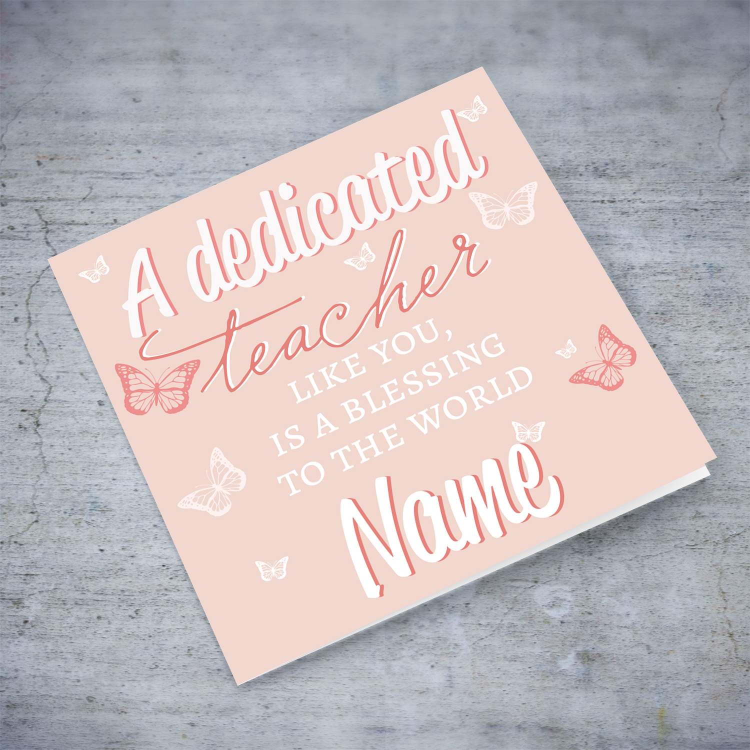 A thank you card for School teacher in light pink background and scattered butterflies in English (Personalisable)